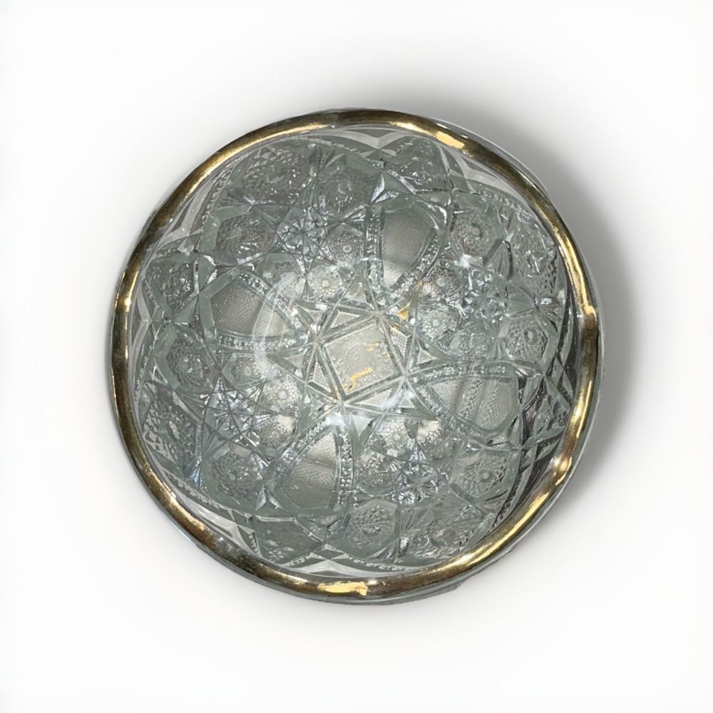 Vintage Mckee Glass Toltec Prescut Clear Bowl With Gold Tone Trim